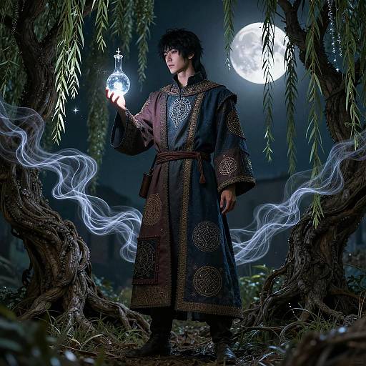 Alchemist Holding Glowing Vial Under Full Moon