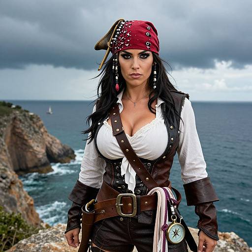 Photograph of a fierce pirate woman with large breasts, black hair, red bandana, white blouse, brown vest, and belt, standing on rocky