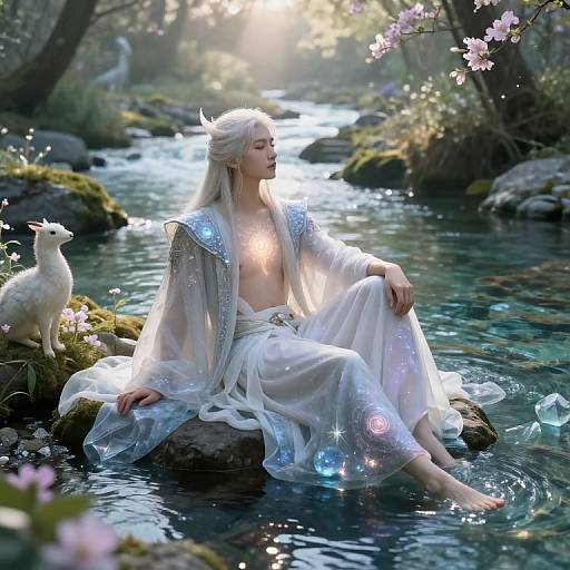 Fantasy photograph of a white-haired elven woman in a shimmering, open robe, seated on a rock by a sunlit forest stream, with