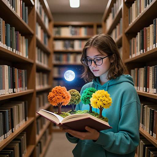Photograph of a young woman with glasses, brown hair, in a teal hoodie, reading a book with miniature orange, yellow, and green trees in