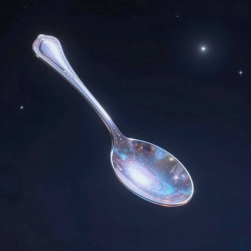 Photograph of a glowing, transparent spoon floating in a dark, starry space with a distant bright star in the upper right.