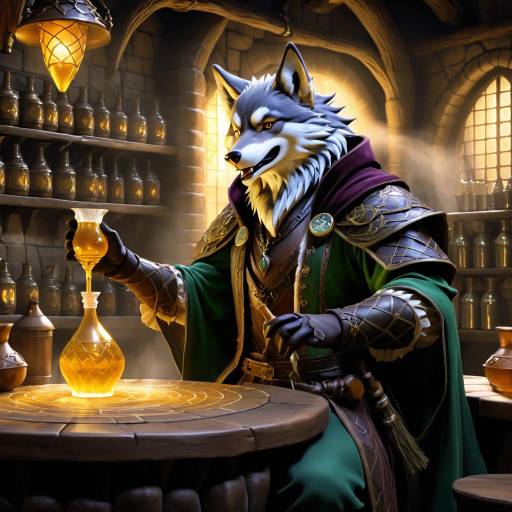 Anthropomorphic Wolf Bard Brewing Potion in Taverns