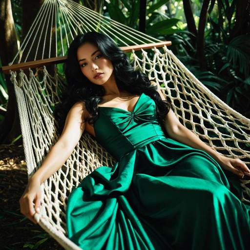 Woman in Emerald Green Gown Relaxing in Jungle Hammock