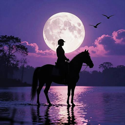 Silhouette of Equestrian and Horse under Full Moon