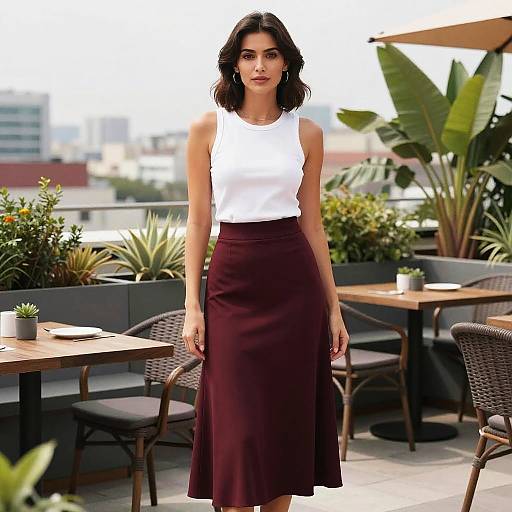 Woman in White Tank Top and Burgundy Maxi Skirt on Rooftop Terrace