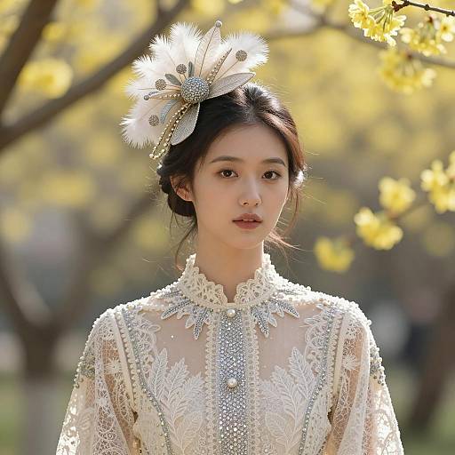 Elegant Woman in Lace Embroidered Gown with Haute Couture Headpiece