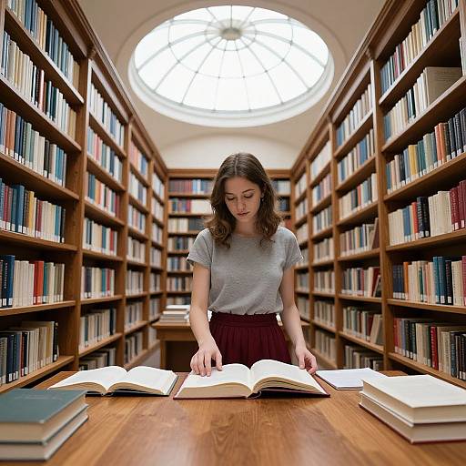 Photograph of a young woman with brown hair, wearing a gray t-shirt and maroon skirt, studying open books in a well-lit, wooden