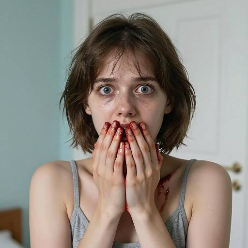 Shocked Woman with Bloody Hands
