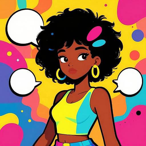 Digital illustration of a dark-skinned, young woman with curly black hair, wearing a yellow and blue crop top and large gold earrings, set against a