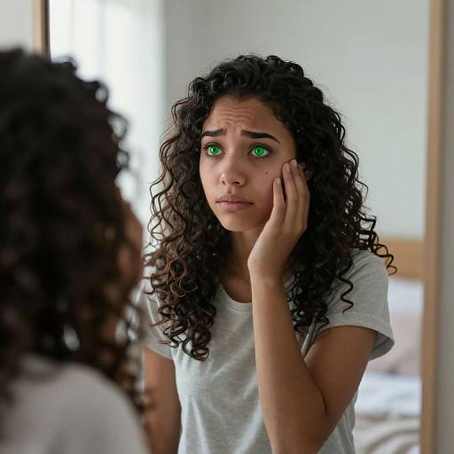 Photograph of a curly-haired woman with green eyes, wearing a gray t-shirt, looking surprised in a brightly lit bedroom. She touches her cheek with