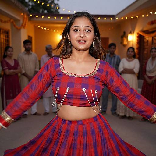 Photograph of a smiling young woman in traditional red and blue checkered lehenga, adorned with silver chains, performing in an evening outdoor setting with string