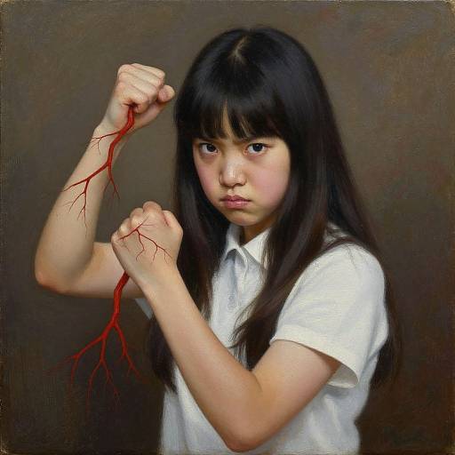 Photograph of an Asian girl with long black hair, wearing a white shirt, clenched fists holding red, vein-like threads against a dark background.