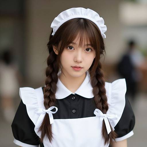 Photograph of a young Asian woman with brown hair in braids, wearing a black and white French maid outfit, standing outdoors with a blurred background.