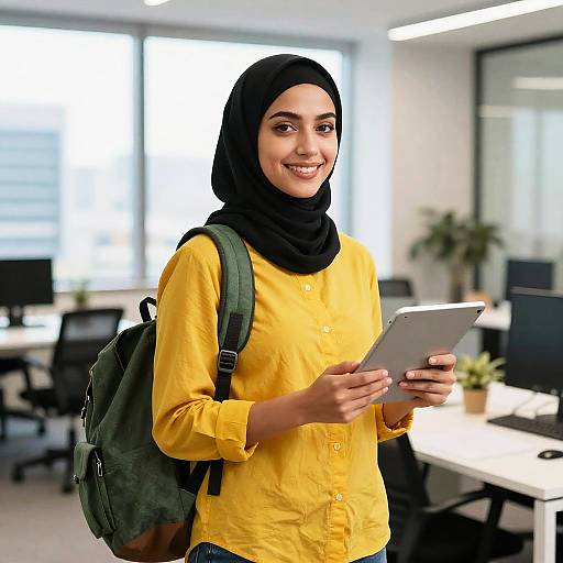 Smiling Woman in Hijab with Tablet