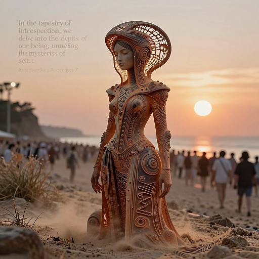 Photograph of an intricately designed, futuristic, metallic woman statue with a wireframe headpiece on a beach at sunset, surrounded by a crowd.