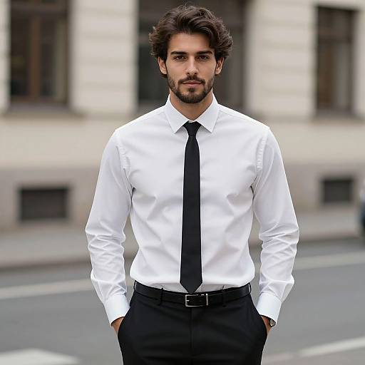 Photograph of a handsome, dark-haired man with a beard, wearing a white dress shirt, black tie, and black pants, standing confidently on a