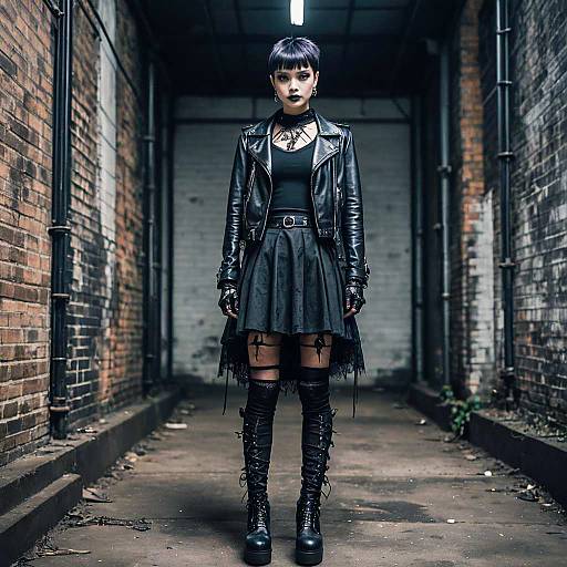 Gothic Woman in Leather Jacket and Platform Boots