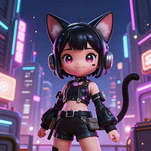 Cyberpunk Cat Girl in Futuristic Cityscape
