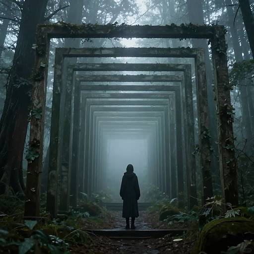 Photograph of a solitary figure in a dark coat standing at the center of a misty, forested, rectangular wooden archway tunnel.