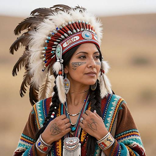 Photograph of a Native American woman with braided hair, feathered headpiece, intricate face paint, traditional beaded garment, and tattoos, holding