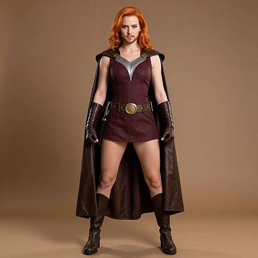 Photograph of a red-haired woman in a black, sleeveless, short dress with a long cape, black gloves, and boots, standing confidently against