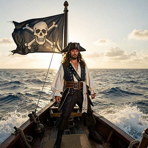 Photograph of a bearded pirate with long hair, black tricorn hat, white shirt, and black vest, standing on a wooden boat with a