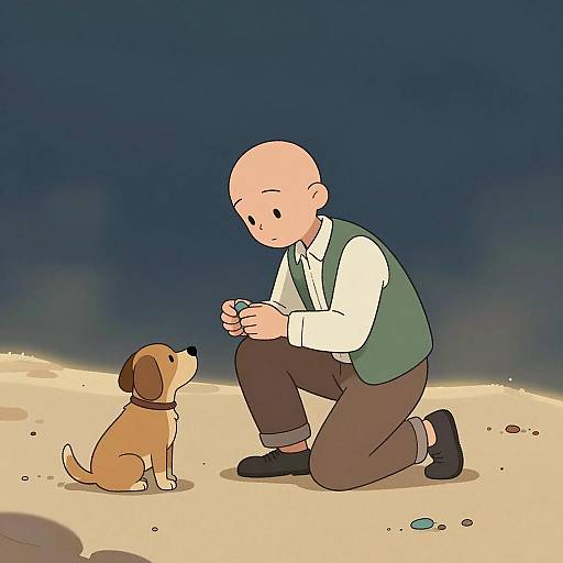 Humanoid and Dog on Sandy Landscape