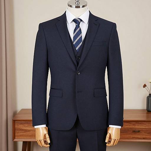 Photograph of a mannequin in a black three-piece suit with white shirt and striped tie, golden robotic hands, wooden table behind.