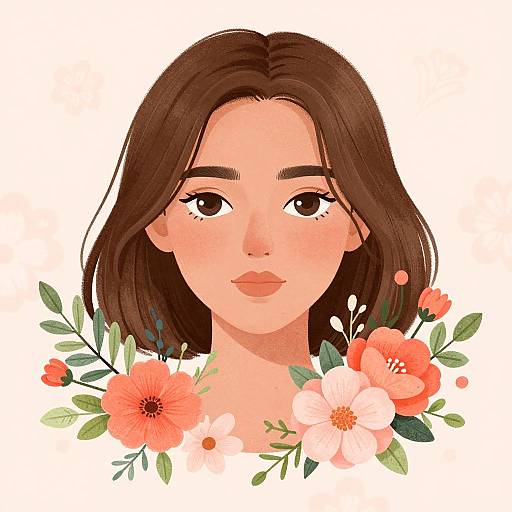 Digital illustration of a young woman with brown hair, fair skin, and brown eyes, adorned with pink and orange flowers.