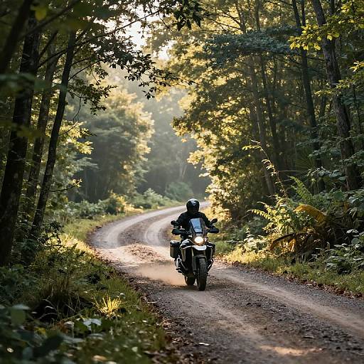 Motorcycle Rider Exploring Sunrise Forest Trail