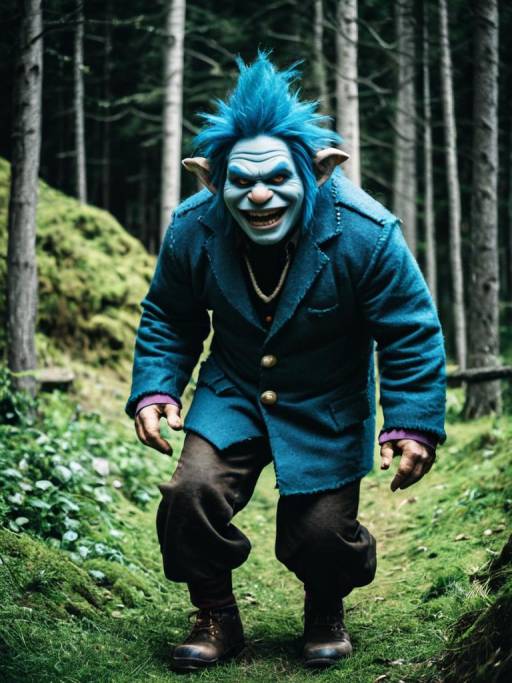 Man in Blue Troll Costume in Forest