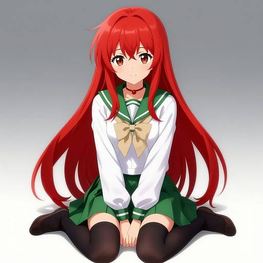 Anime-style digital drawing of a red-haired girl with long hair, green sailor school uniform, white blouse, green skirt, black thigh-high socks, and