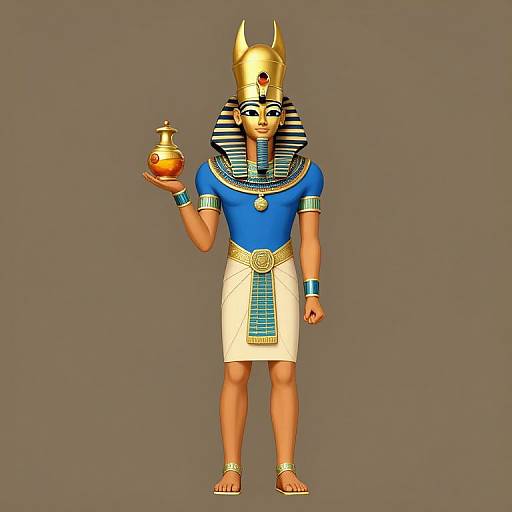 Digital 3D rendering of an ancient Egyptian pharaoh, wearing a gold headdress, blue and white striped nemes, holding a red and gold