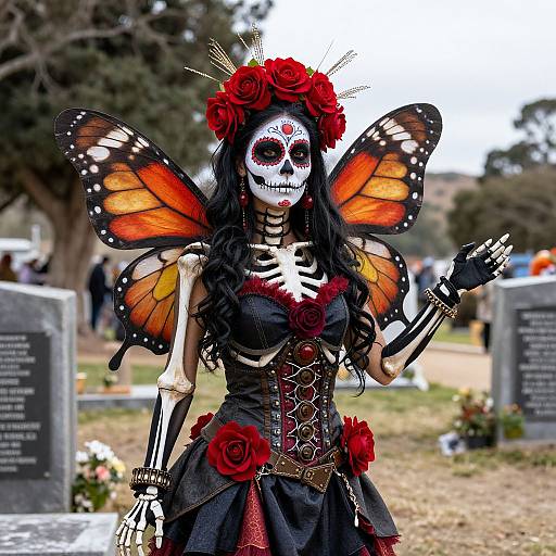 Photograph of a Day of the Dead butterfly skeleton woman with white face paint, orange butterfly wings, black dress, red roses, and black roses,