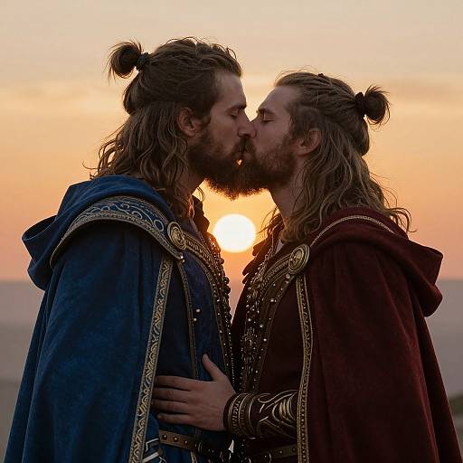 Photograph of two long-haired men with beards, wearing ornate medieval robes, kissing passionately at sunset, hands gently touching.
