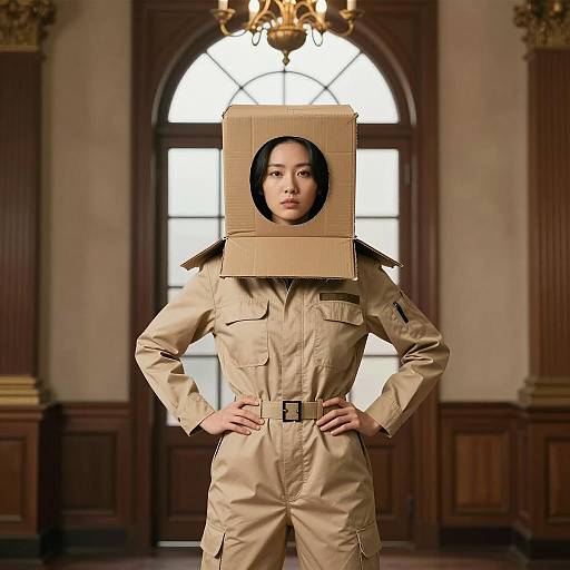 Asian Woman in Cardboard Box Costume and Beige Jumpsuit