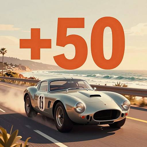 Photograph of a silver classic car with #11 racing on a coastal road at sunset, large red 