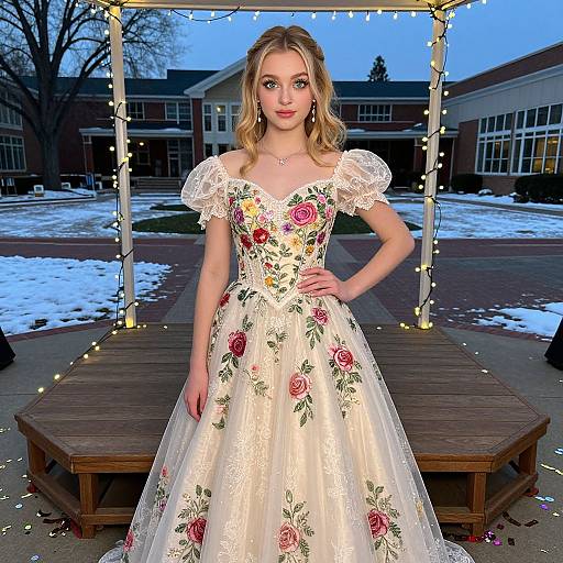 Photograph of a blonde woman in an elegant, white floral ball gown with pink roses, standing under a fairy-lit gazebo in a snowy suburban
