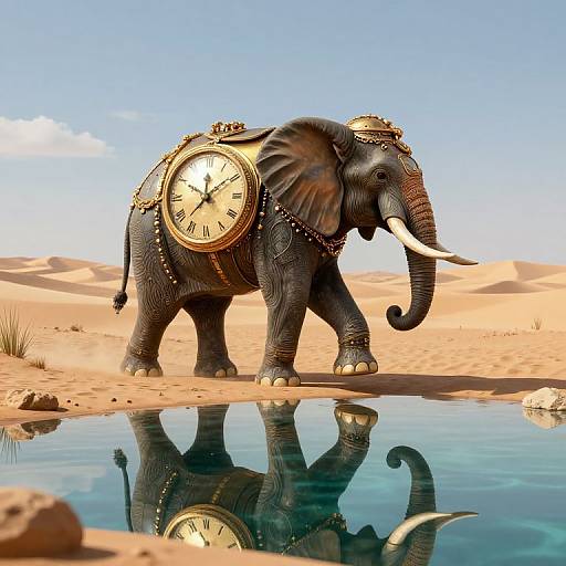 Digital illustration of an ornate African elephant with a large clock on its back, standing in a desert oasis, reflecting in a still water pool.