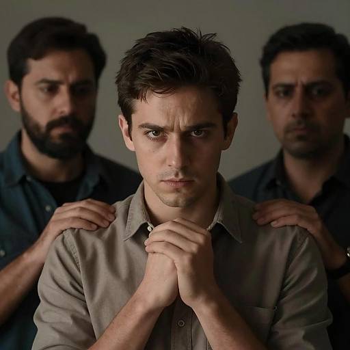 Tense Trio in Dimly Lit Room