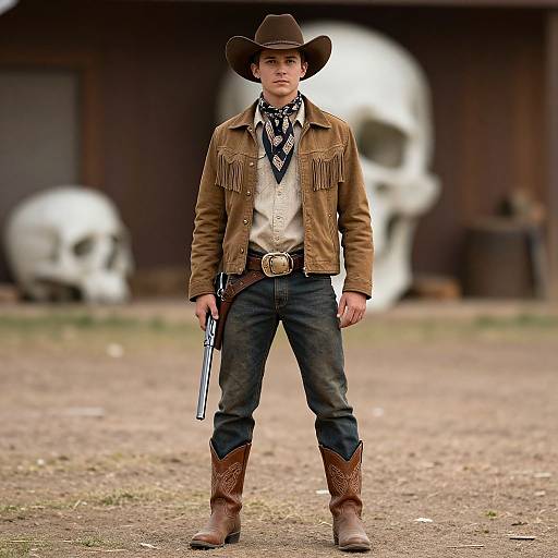 Photograph of a young man in cowboy attire, brown jacket with fringes, blue jeans, brown boots, holding a revolver, standing in front of