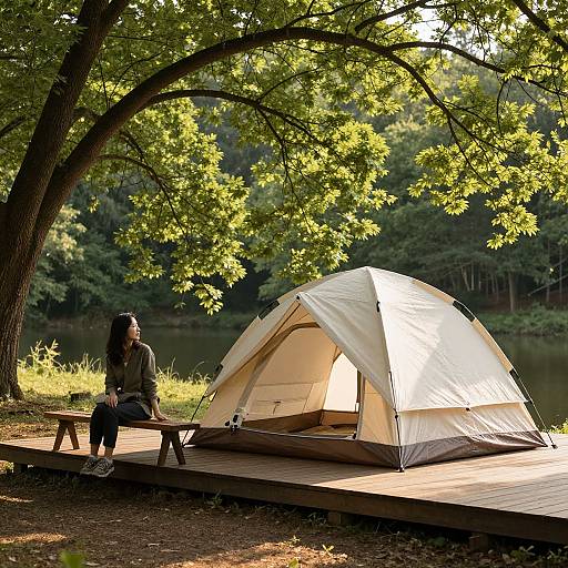 Photograph of a woman with long black hair sitting on a wooden dock beside a beige camping tent, surrounded by lush green trees and a serene lake.