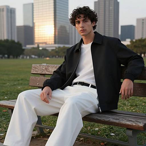 Photograph of a curly-haired young man with fair skin, wearing a black jacket and white pants, sitting on a wooden bench in a grassy park