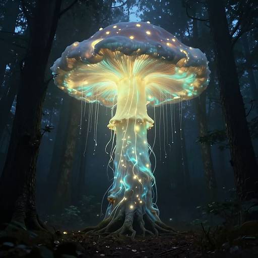 Digital art of a glowing, ethereal mushroom with luminous, yellow-green cap and blue-tinted stem, surrounded by twinkling lights in a