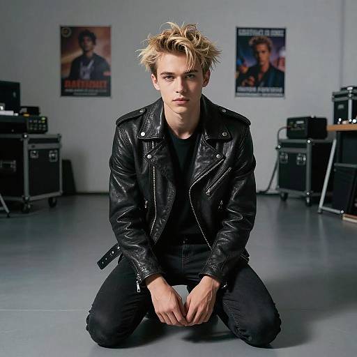 Photograph of a young, blonde, white man with spiked hair, kneeling on a gray floor, wearing a black leather jacket and black shirt, in