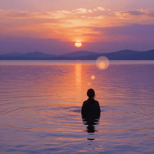 Silhouetted person wading in calm lake at sunset, reflecting vibrant orange and purple sky, with ripples and distant mountains. Photographic image