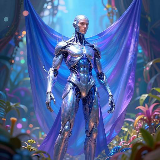 Digital art of a futuristic, silver humanoid robot with blue glowing accents, standing in a vibrant, luminescent forest, draped in a flowing, ir