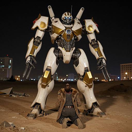 Photograph: Nighttime desert scene with a kneeling man in a fur coat facing a towering, white and gold, robotic mecha with glowing blue eyes
