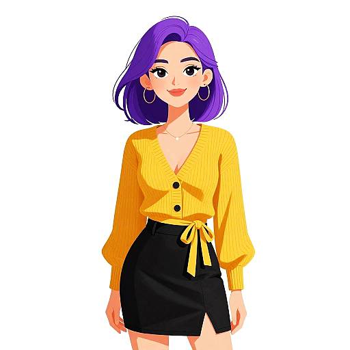 Digital anime-style illustration of a smiling woman with purple hair, wearing a yellow cardigan, black skirt with yellow tie, and hoop earrings. White background