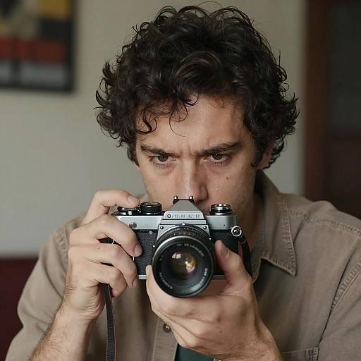 Intense Photographer with Vintage Camera